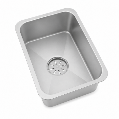 Silver workstation sink inner basin shown in angled view with smooth metallic appearance.