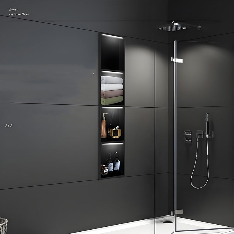 Nicho de parede em aço inoxidável preto personalizado com LED e design de armazenamento embutido (horizontal e vertical) para banheiro.