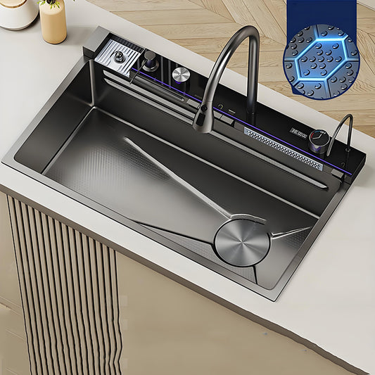 Smart waterfall multifunctional stainless steel workstation kitchen sink with integrated rear control rail, high-arc faucet, auxiliary faucet, rotary knob, textured basin floor, and close-up detail of the embossed sink surface.