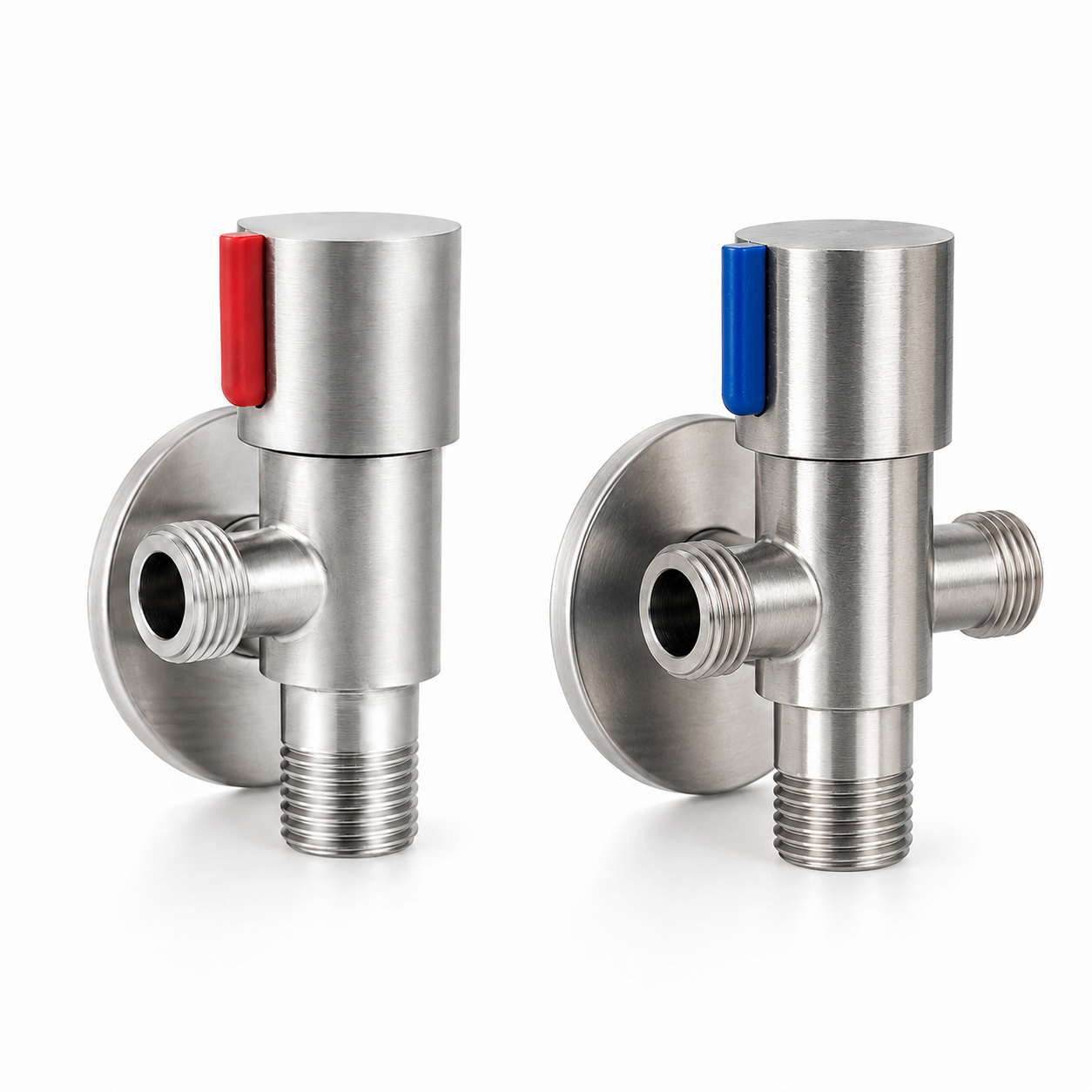 Stainless steel angle valve set with red hot water valve, blue three-way valve, side threaded outlets, bottom threaded inlets, and decorative cover plates on a white background.