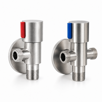 Stainless steel angle valve set with red hot water valve, blue three-way valve, side threaded outlets, bottom threaded inlets, and decorative cover plates on a white background.
