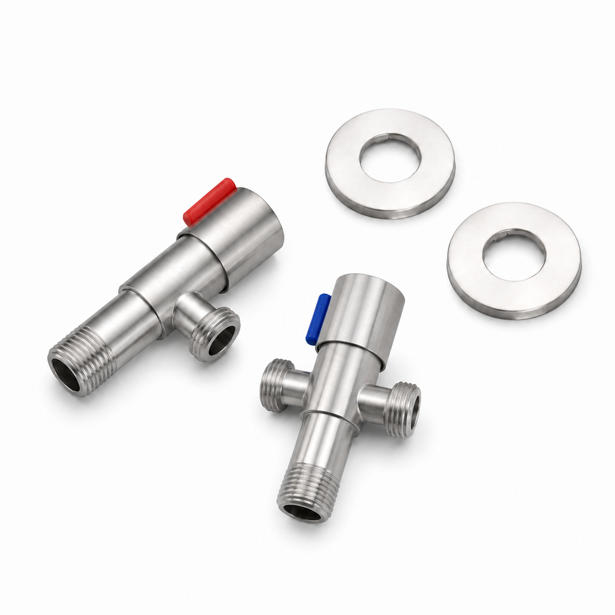 Stainless steel faucet angle valve set with red and blue markers, threaded connectors, and separate decorative cover plates for under-sink installation.