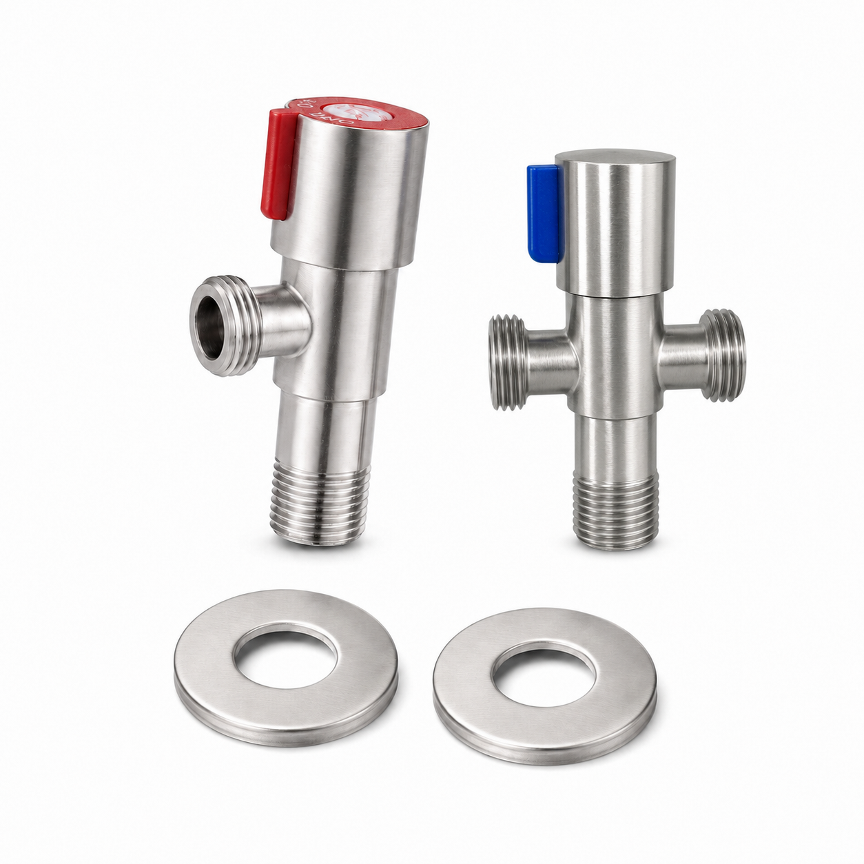 Stainless steel three-way angle valve set with red hot water control, blue multi-outlet valve, external threads, and round decorative cover plates.