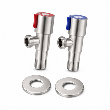 Stainless steel two-way faucet angle valve set with red and blue markers, round decorative cover plates, and threaded plumbing connections for kitchen faucet installation.