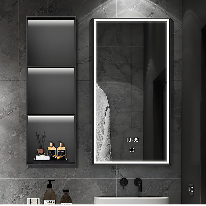 Nicho de parede personalizado em aço inoxidável preto com iluminação LED e design embutido com bordas chanfradas para armazenamento no banheiro.