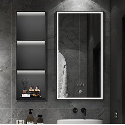 Nicho de parede personalizado em aço inoxidável preto com iluminação LED e design embutido com bordas chanfradas para armazenamento no banheiro.