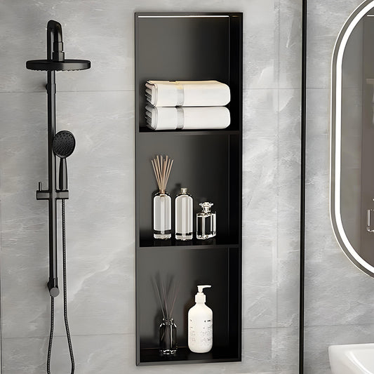 Custom Black Stainless Steel Shower Wall Niche with Tall Vertical Recessed Bathroom Storage Design