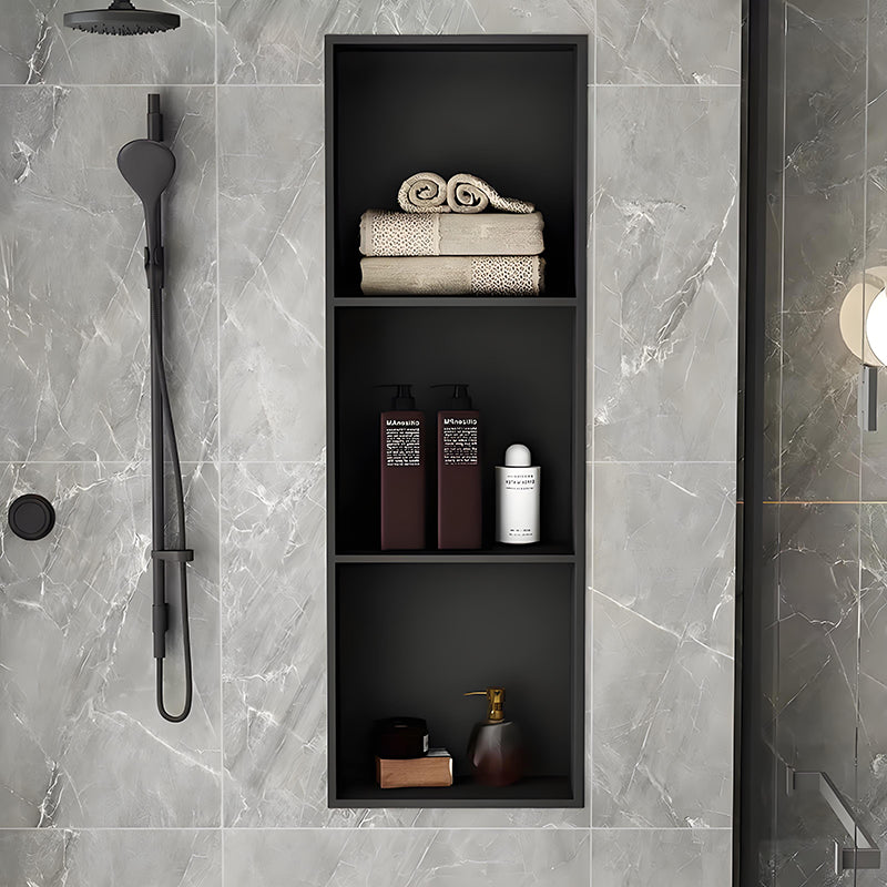 Nicho de parede para chuveiro em aço inoxidável preto personalizado, com design vertical alto e embutido para armazenamento no banheiro.