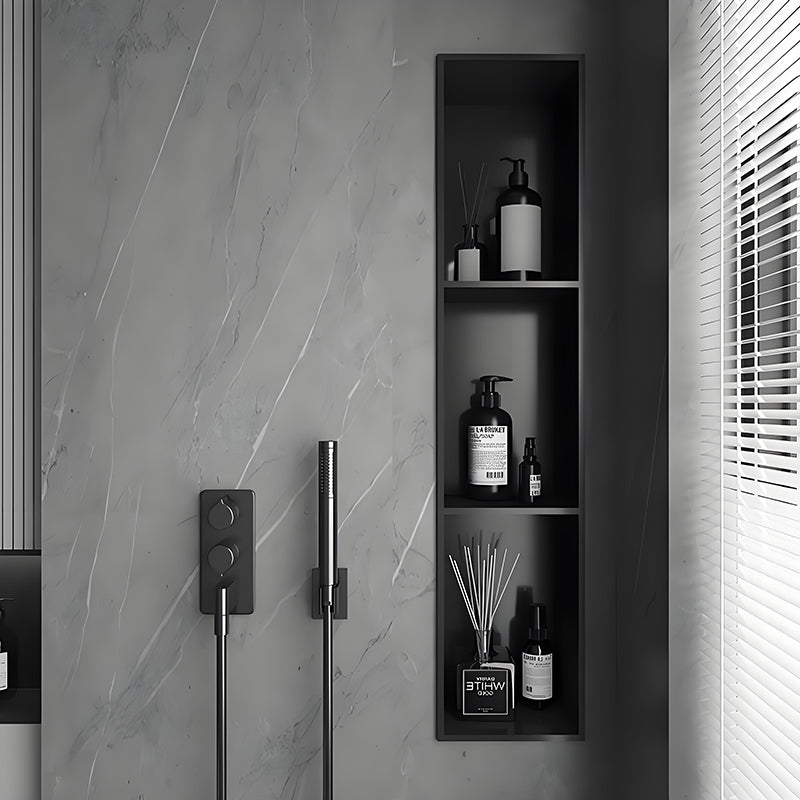 Nicho de parede em aço inoxidável preto personalizado com LED e design de armazenamento embutido (horizontal e vertical) para banheiro.