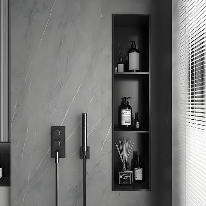 Nicho de parede em aço inoxidável preto personalizado com LED e design de armazenamento embutido (horizontal e vertical) para banheiro.