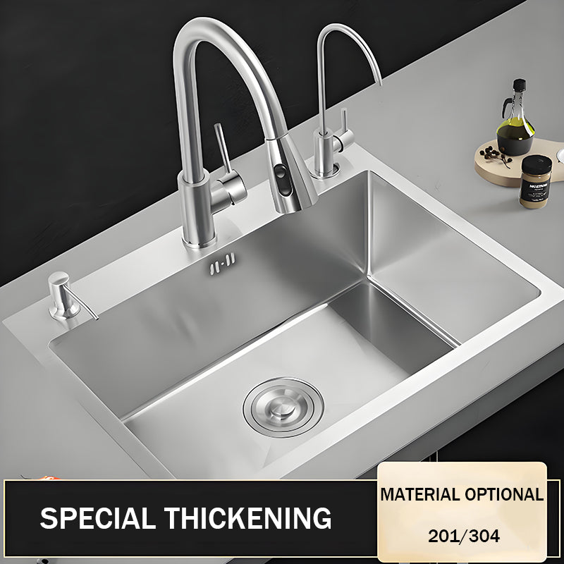 Thickened natural stainless steel single bowl kitchen sink with pull-out faucet, auxiliary faucet, soap dispenser, brushed finish, round drain cover, and 201 or 304 material option label.