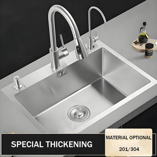 Thickened natural stainless steel single bowl kitchen sink with pull-out faucet, auxiliary faucet, soap dispenser, brushed finish, round drain cover, and 201 or 304 material option label.