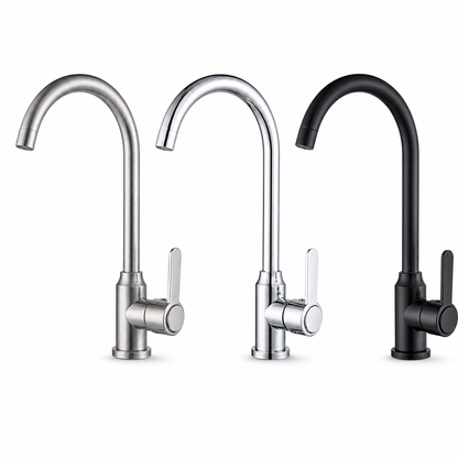 Three-color display of high-arc kitchen faucets in brushed, gray, and black finishes for stainless steel sink accessory selection.