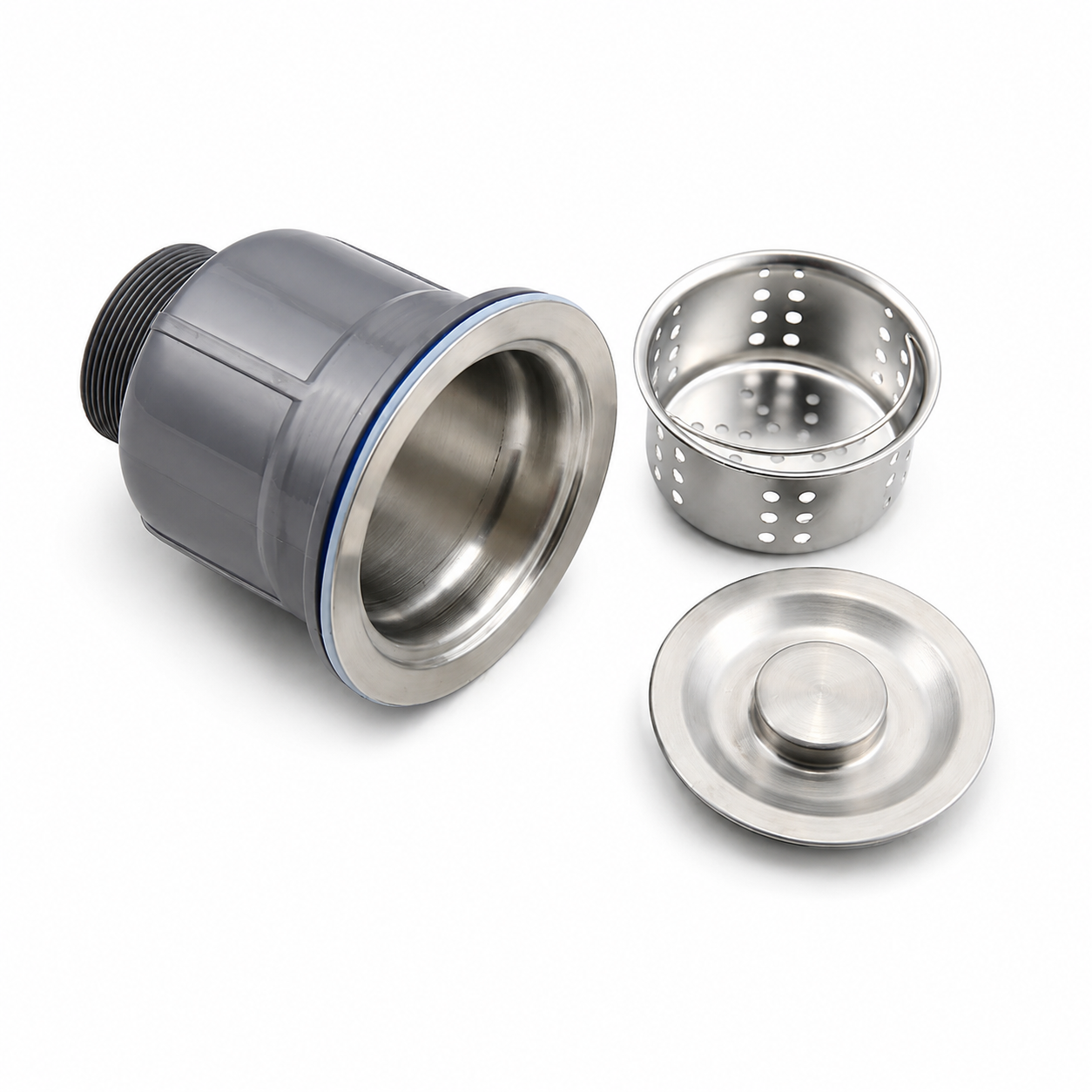 Three-piece view of a stainless steel kitchen sink drain set showing the main drain body, removable basket strainer, and stainless steel drain cover.