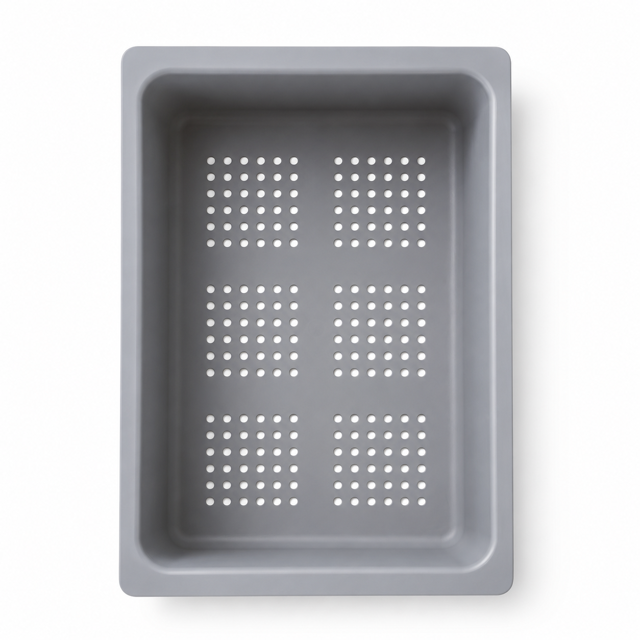 Top view of a grey ABS sink drain basket showing raised basin walls, rounded corners, wide support rim, and multiple round drainage holes for vegetable washing.