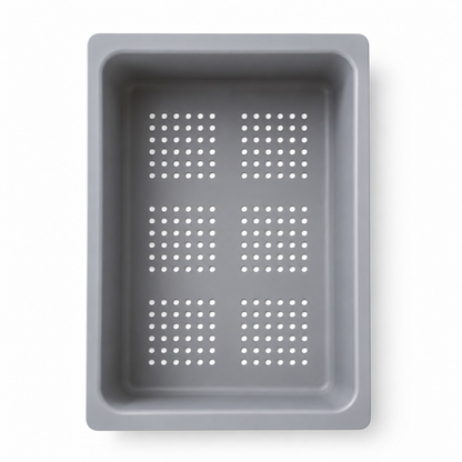 Top view of a grey ABS sink drain basket showing raised basin walls, rounded corners, wide support rim, and multiple round drainage holes for vegetable washing.