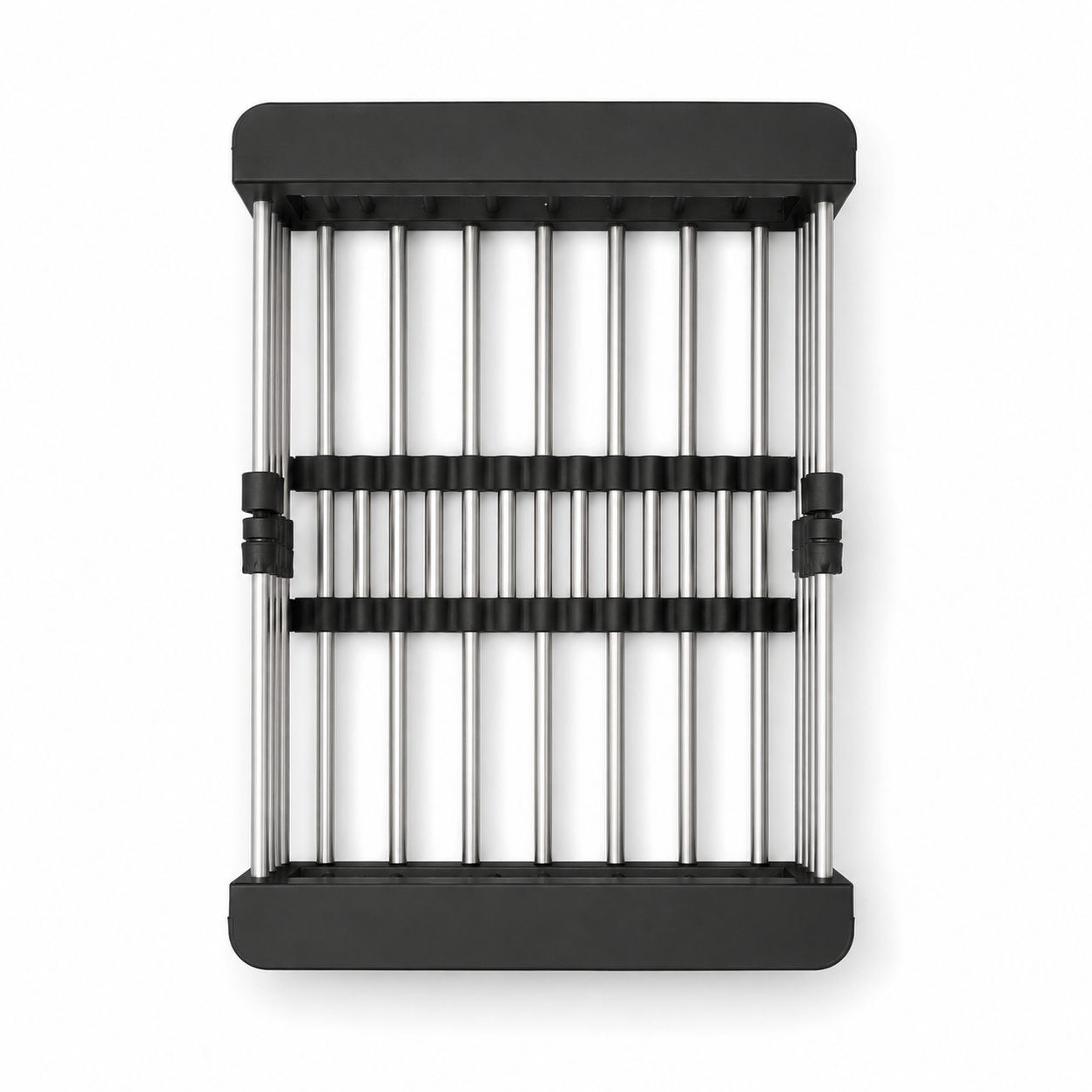 Top view of adjustable extendable sink basket for standard kitchen sink with black frame and silver support rods.