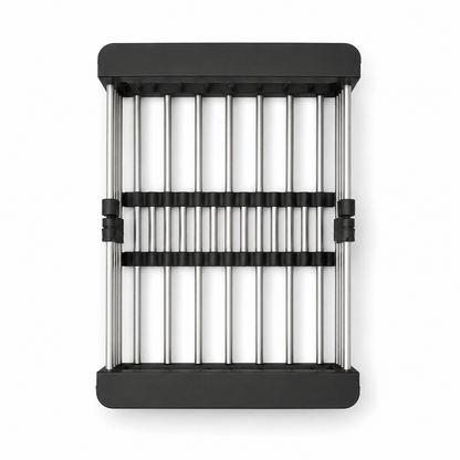 Top view of adjustable extendable sink basket for standard kitchen sink with black frame and silver support rods.