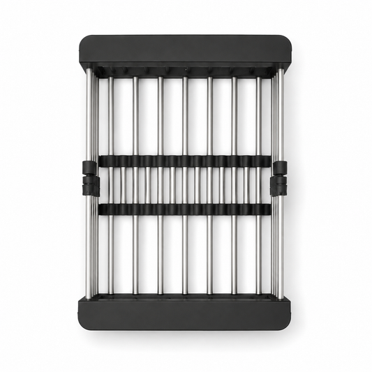 Top view of adjustable extendable sink basket for standard kitchen sink with black frame and silver support rods.