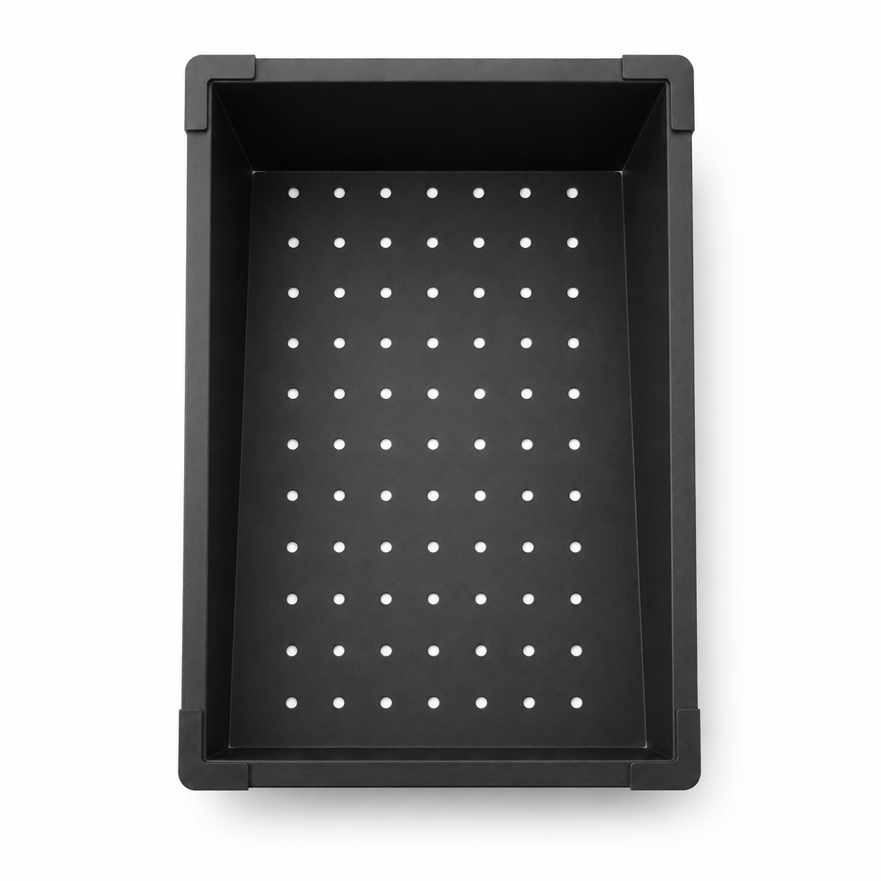 Top view of black filter basin for multifunctional sink with evenly distributed drain holes.