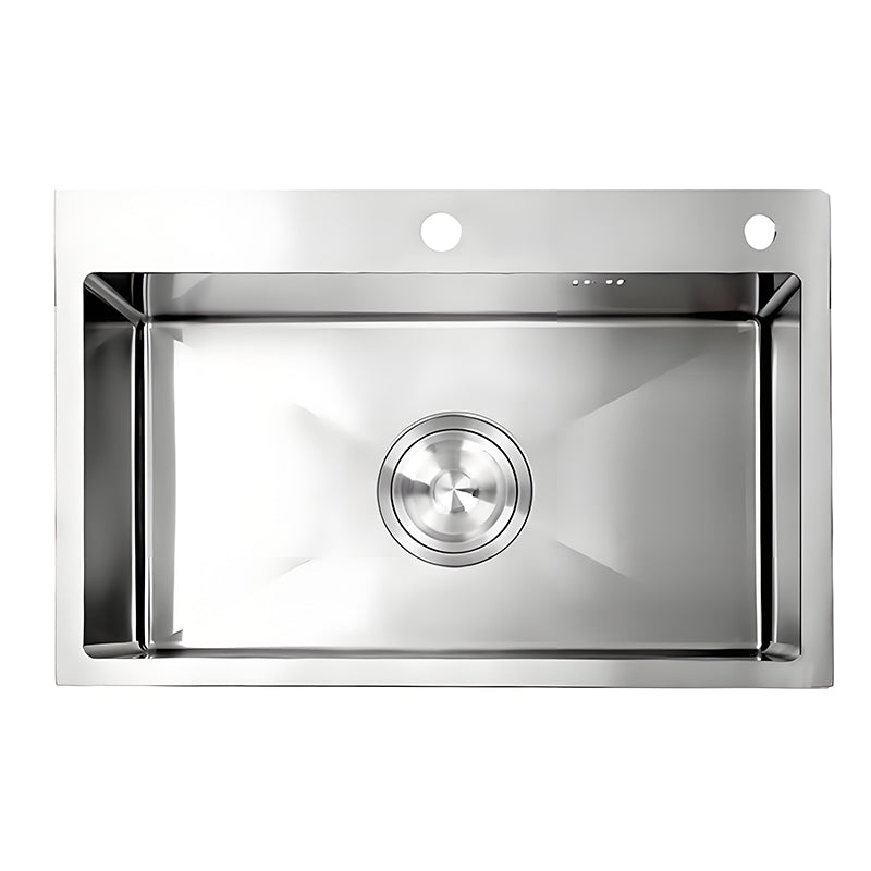 Top view of brushed stainless steel single bowl kitchen sink with wide rear deck, two faucet hole positions, rectangular bowl design, rounded inner corners, and central round drain.