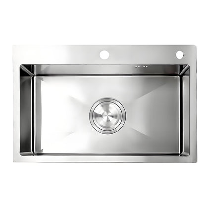 Top view of brushed stainless steel single bowl kitchen sink with wide rear deck, two faucet hole positions, rectangular bowl design, rounded inner corners, and central round drain.