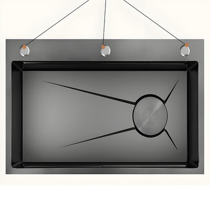 Top view of gray and black multifunctional stainless steel kitchen sink with large single bowl, rear faucet hole positions, and geometric basin design for customized workstation sink production.