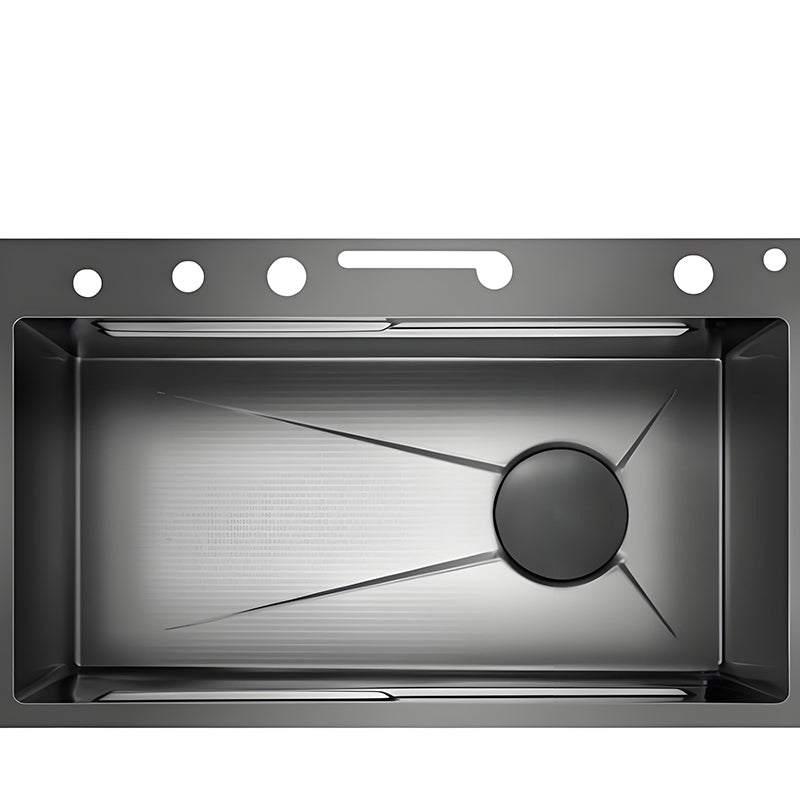 Top view of gray stainless steel multifunctional kitchen sink deck with multiple faucet and accessory holes, waterfall outlet slot, large bowl structure, and customized drain position.