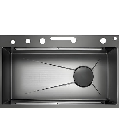 Top view of gray stainless steel multifunctional kitchen sink deck with multiple faucet and accessory holes, waterfall outlet slot, large bowl structure, and customized drain position.