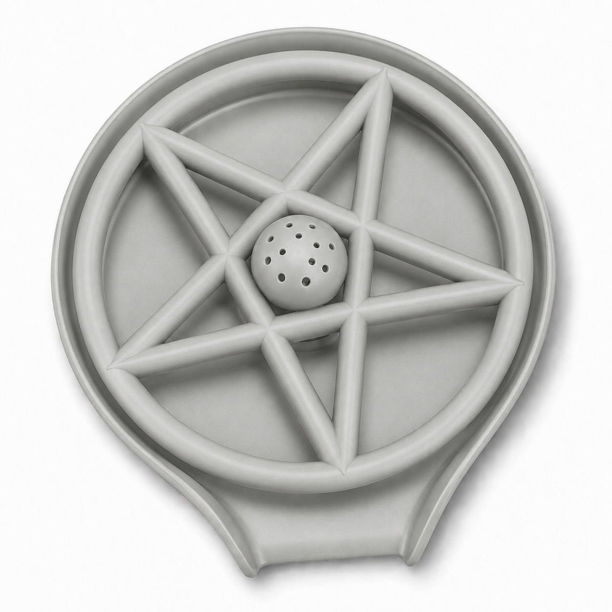 Top view of grey ABS cup washer with circular basin, raised rim, star-shaped glass support, and central spray head with multiple water holes.