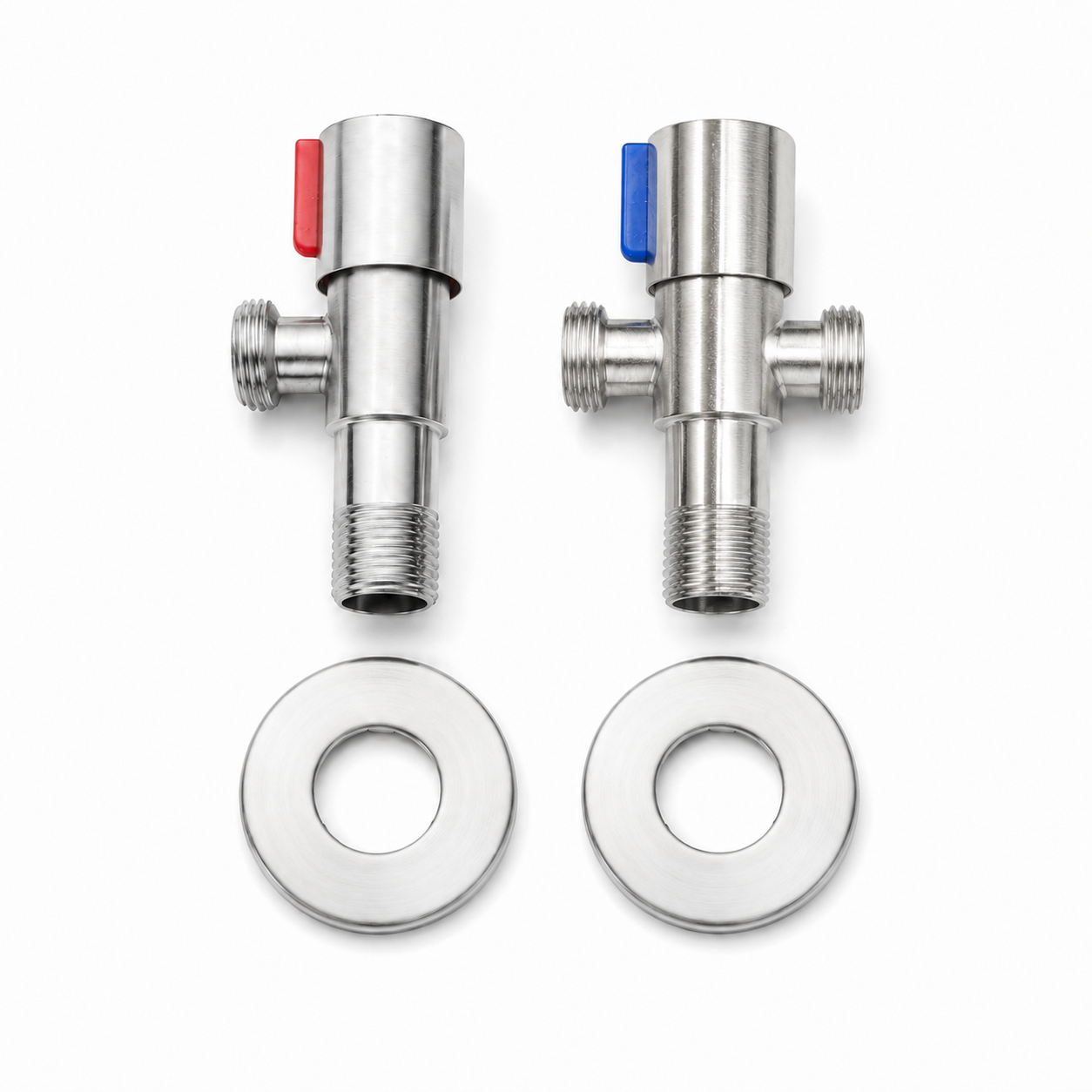 Top view of red and blue stainless steel angle valves with precise external threads and two round decorative cover plates for kitchen sink plumbing installation.