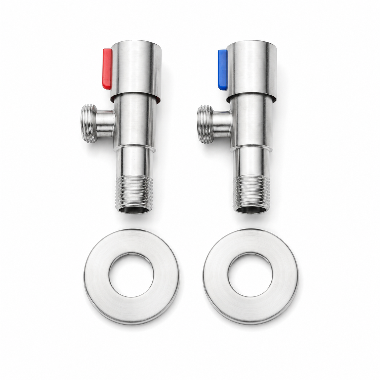 Top view of stainless steel faucet angle valve pair with red and blue markers, external threaded connections, and round wall cover plates on a white background.