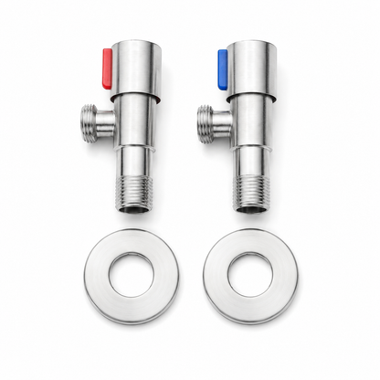 Top view of stainless steel faucet angle valve pair with red and blue markers, external threaded connections, and round wall cover plates on a white background.