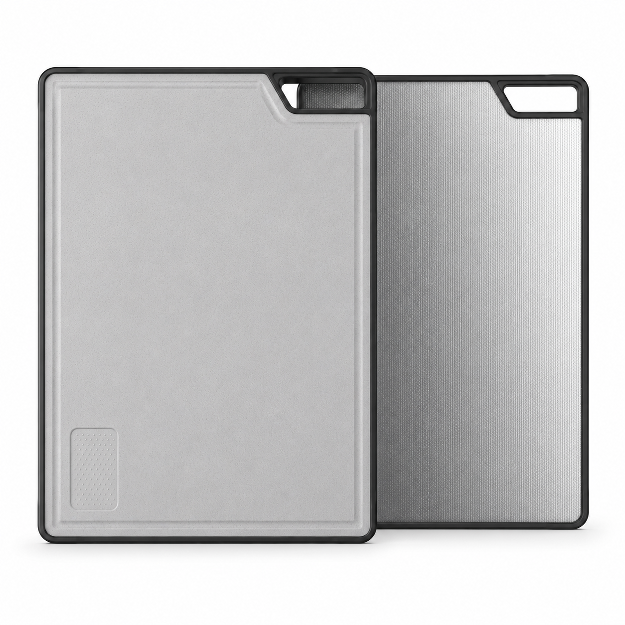 Two-sided sink cutting board display with wheat fiber cutting surface in front and textured stainless steel side behind, designed for sliding use on workstation kitchen sinks.