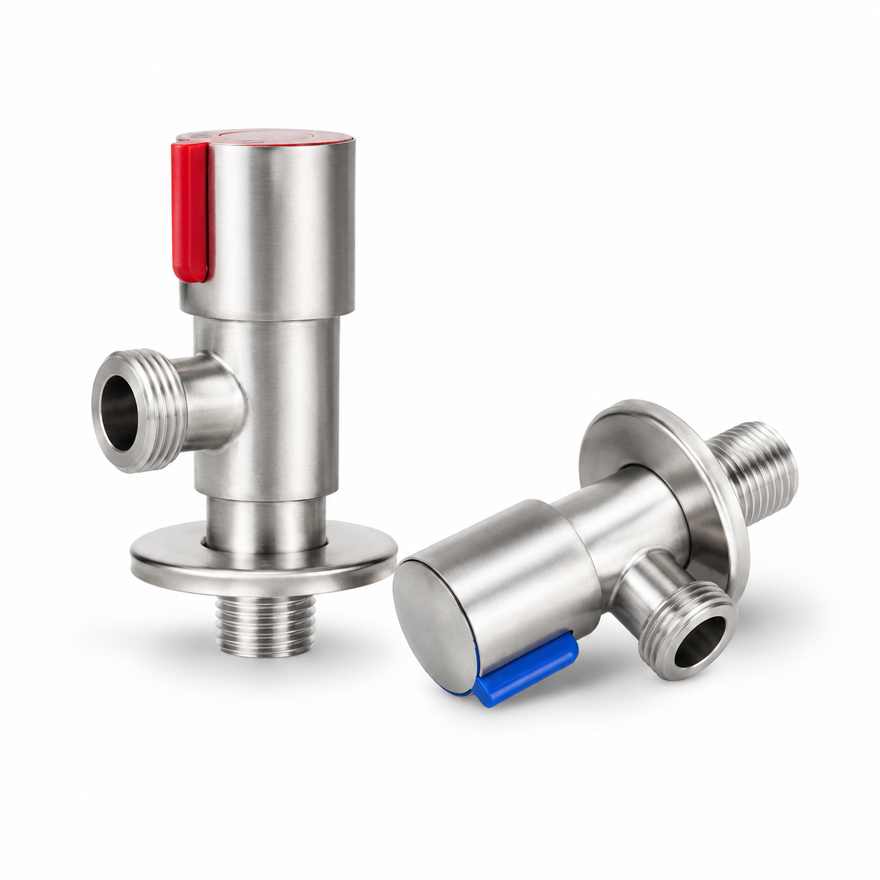 Two brushed stainless steel two-way angle valves standing upright with red and blue hot and cold water markers and single side outlet for faucet connection.