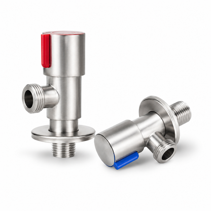 Two brushed stainless steel two-way angle valves standing upright with red and blue hot and cold water markers and single side outlet for faucet connection.
