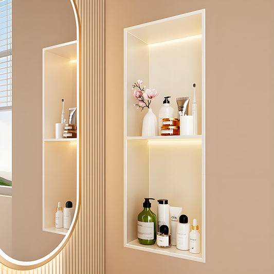 Custom White Stainless Steel Bathroom Wall Niche with Recessed Storage and Optional Lighting Design