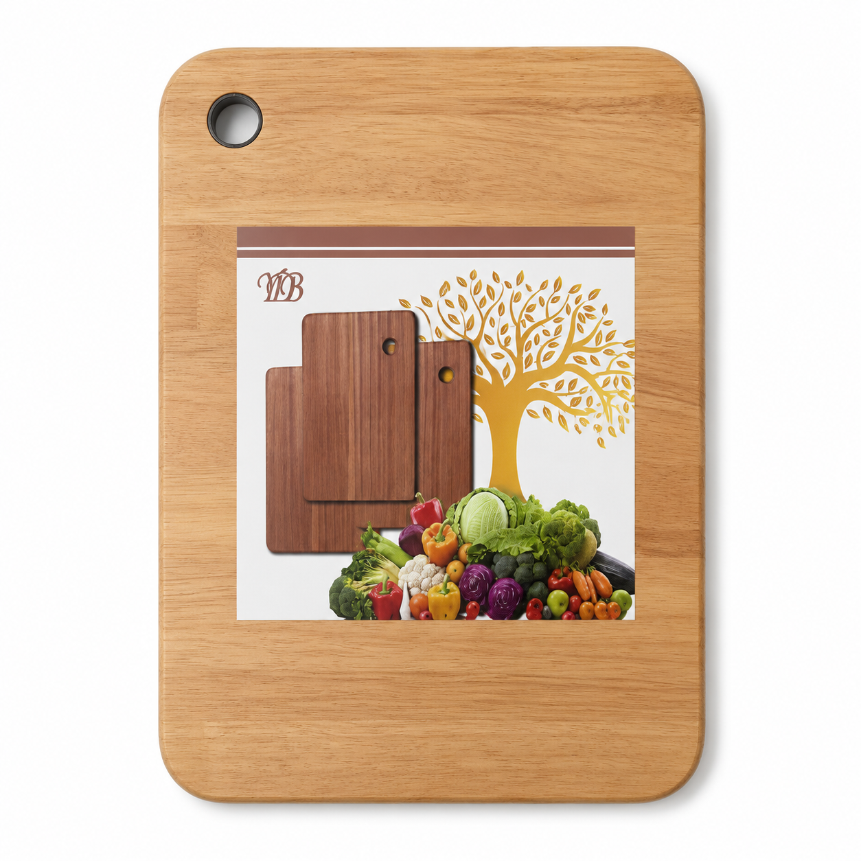 Wooden cutting board for workstation kitchen sink with rounded corners, corner hanging hole, natural wood grain surface, and product label on a white background.