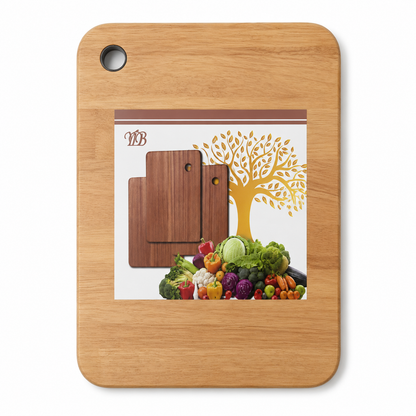 Wooden cutting board for workstation kitchen sink with rounded corners, corner hanging hole, natural wood grain surface, and product label on a white background.