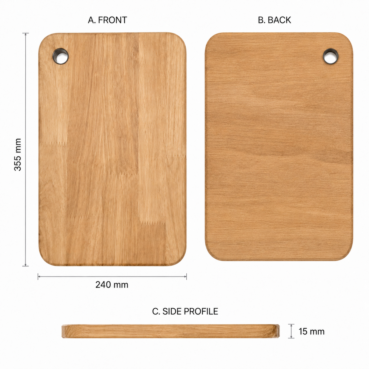 Wooden workstation sink cutting board with front, back, and side profile views, showing 355 mm length, 240 mm width, 15 mm thickness, rounded corners, and hanging hole.