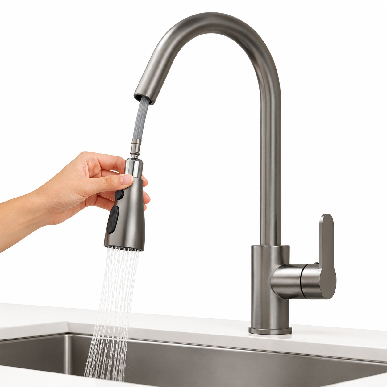 Hand holding the pull-out spray head of a brushed kitchen faucet, showing flexible extension and running water above a stainless steel sink.